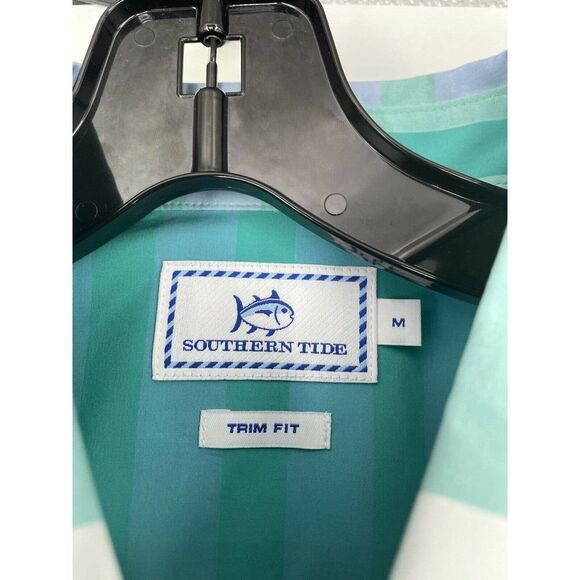 Southern Tide Trim Fit Medium Blue Green Stripe Long Sleeve Mens Button Shirt - Picture 3 of 7